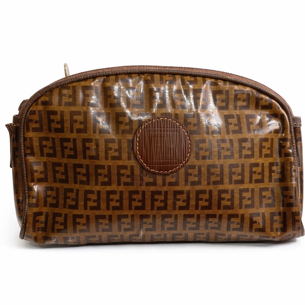 Vintage Fendi Zucca FF Monogram Dome Cosmetic Pouch Beauty Case Brown Italy Y2K